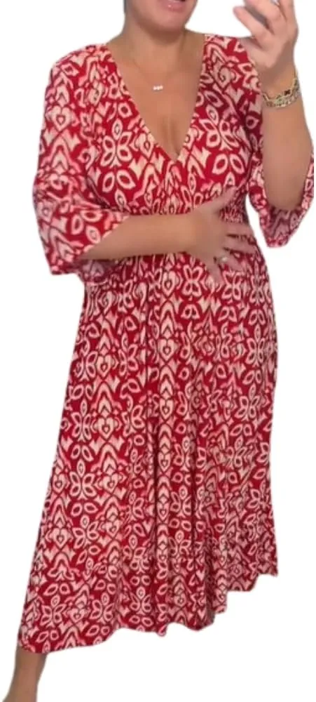 Ladies V Neck Half Sleeve Floral Elegant Dress Elastic Waist Ankle Length Beach Vacation Flowy Loose Fitting Long Dress