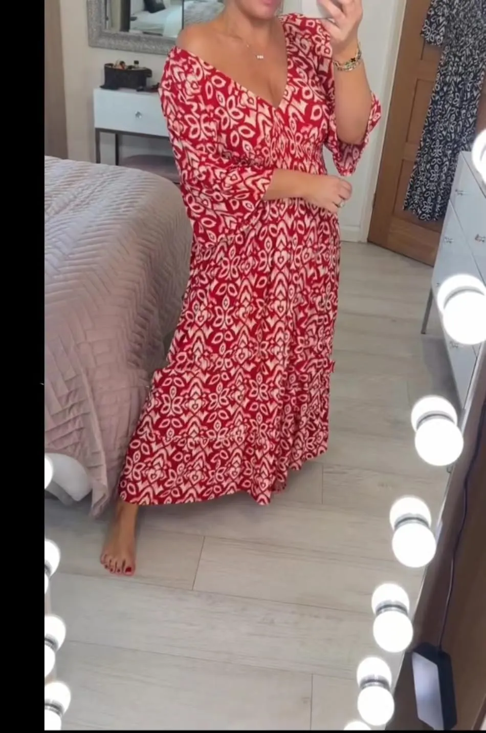 Ladies V Neck Half Sleeve Floral Elegant Dress Elastic Waist Ankle Length Beach Vacation Flowy Loose Fitting Long Dress