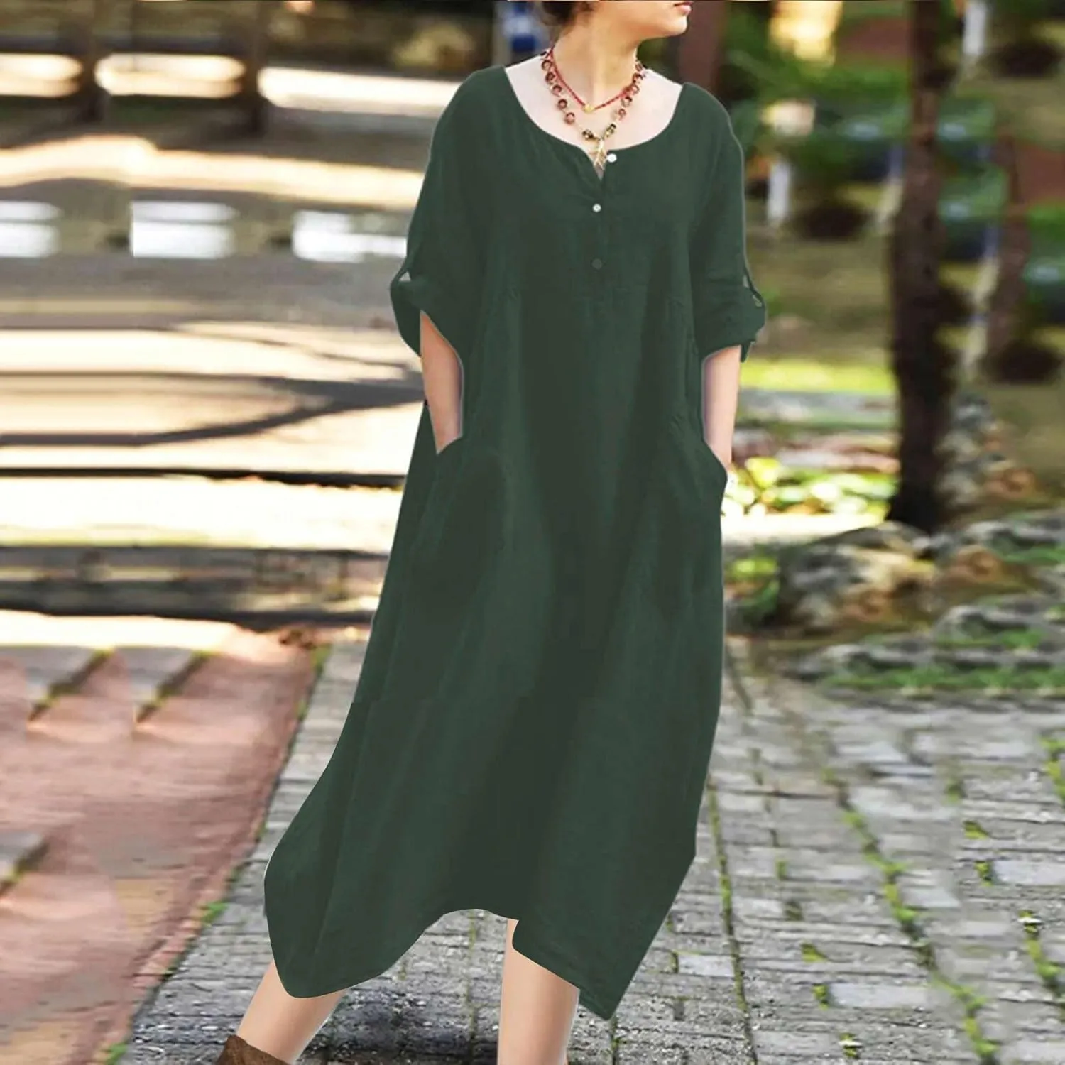 Linen Dress for Women Button Down Casual Crewneck Long Sleeve Dress Flowy Summer Vacation Beach Dress with Pockets