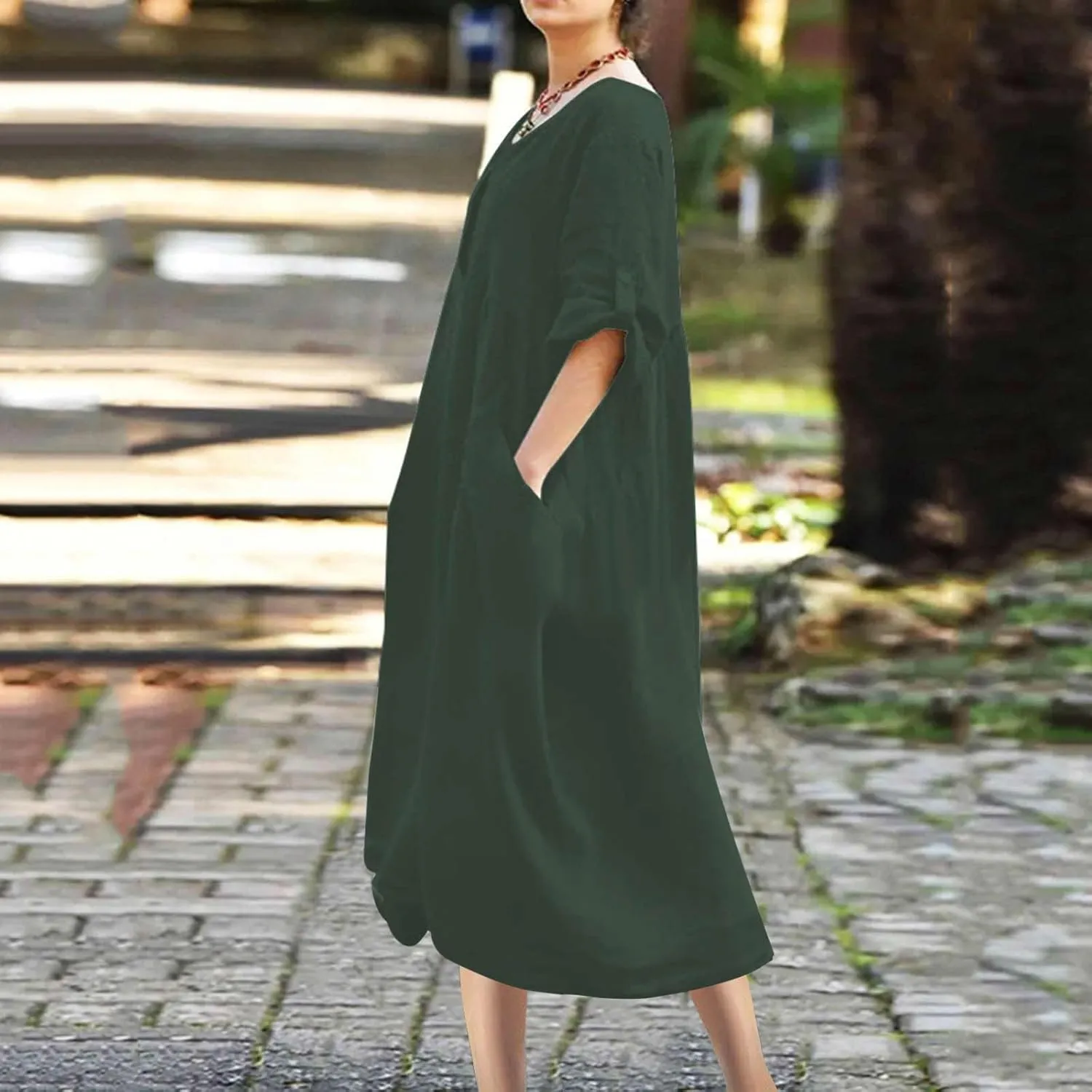 Linen Dress for Women Button Down Casual Crewneck Long Sleeve Dress Flowy Summer Vacation Beach Dress with Pockets