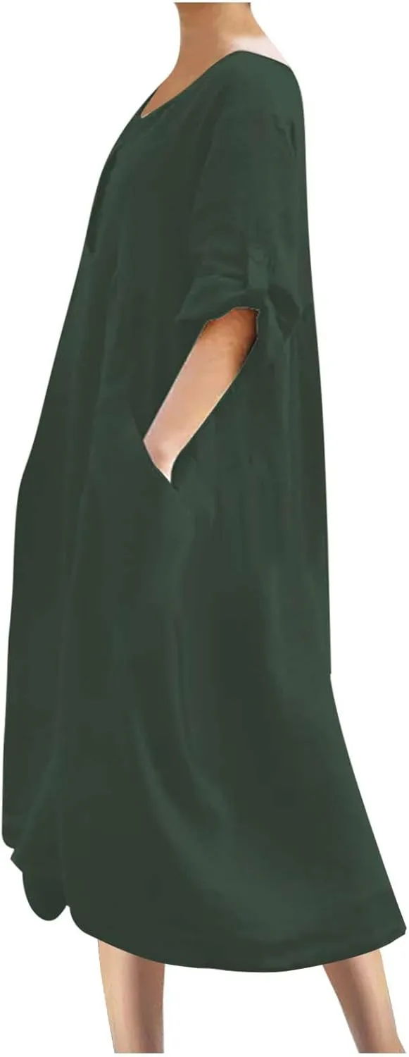 Linen Dress for Women Button Down Casual Crewneck Long Sleeve Dress Flowy Summer Vacation Beach Dress with Pockets