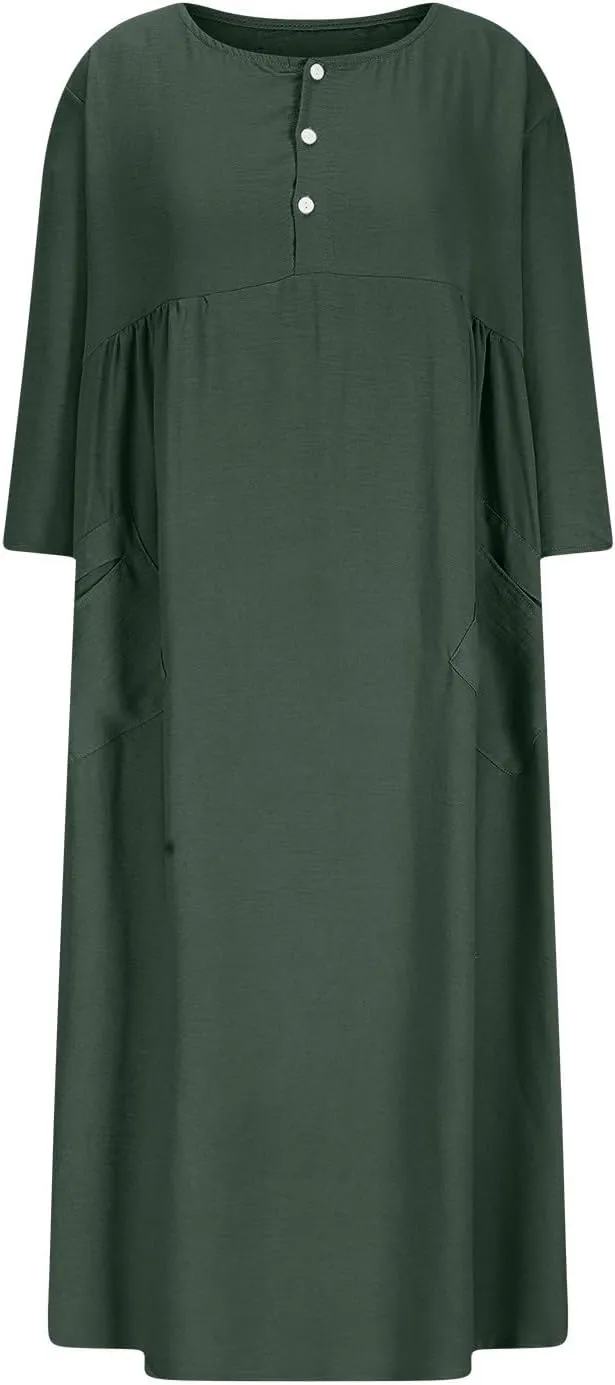 Linen Dress for Women Button Down Casual Crewneck Long Sleeve Dress Flowy Summer Vacation Beach Dress with Pockets