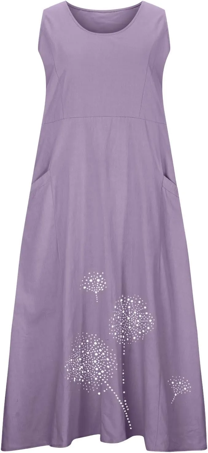 Linen Dress Women Summer Print Loose Casual Beach Vacation Flowy Maxi Dress with Pockets Long Flowy Boho Dresses
