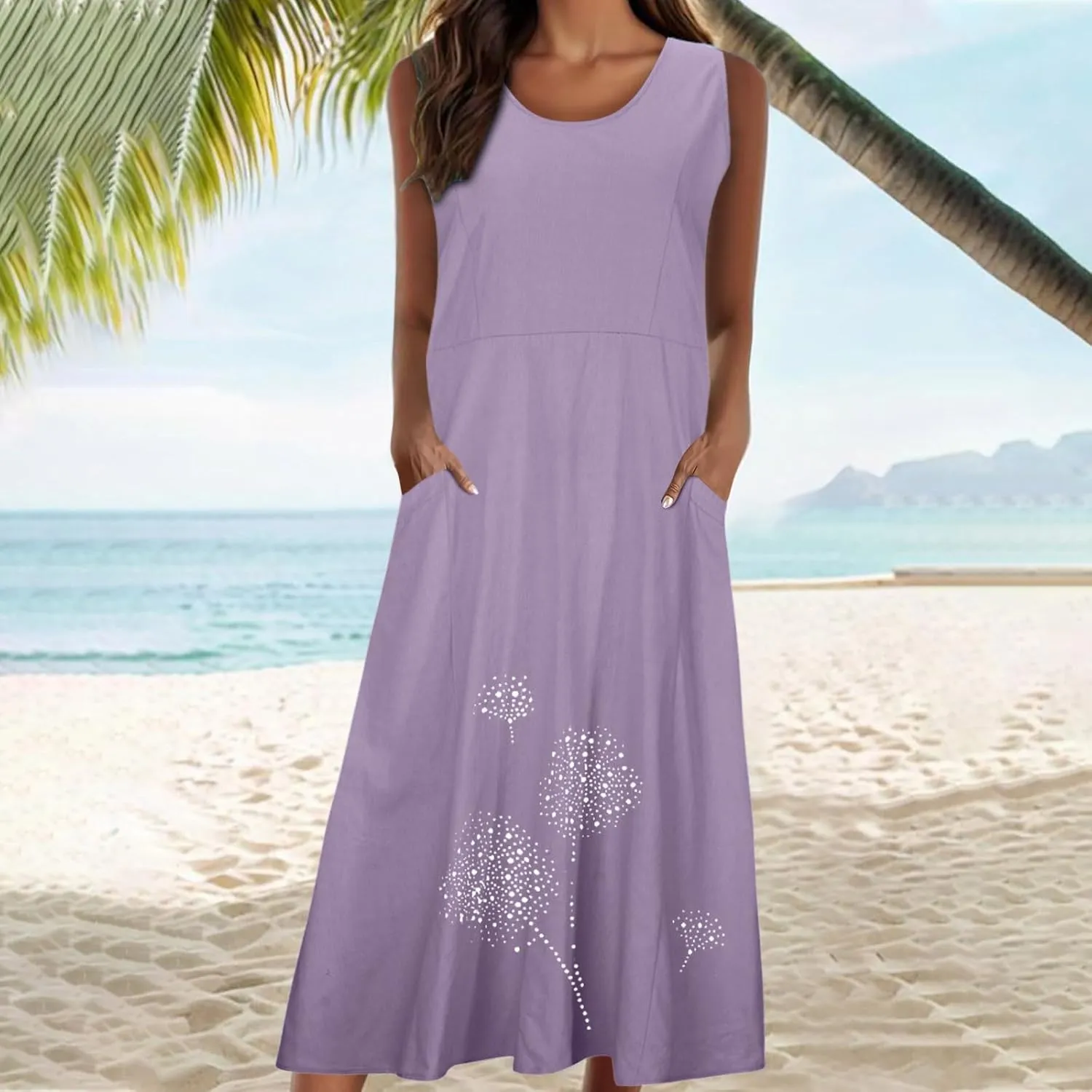 Linen Dress Women Summer Print Loose Casual Beach Vacation Flowy Maxi Dress with Pockets Long Flowy Boho Dresses