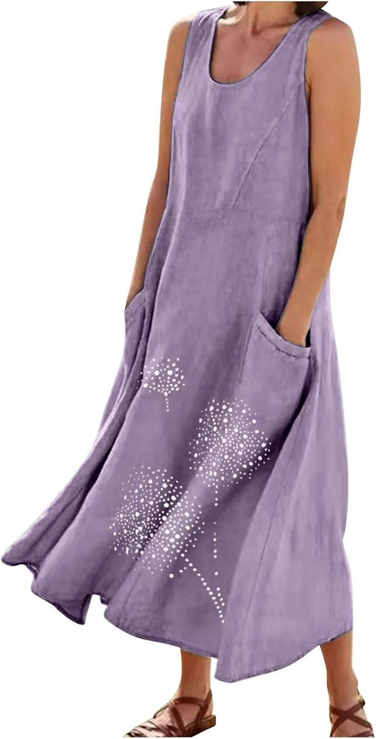 Linen Dress Women Summer Print Loose Casual Beach Vacation Flowy Maxi Dress with Pockets Long Flowy Boho Dresses
