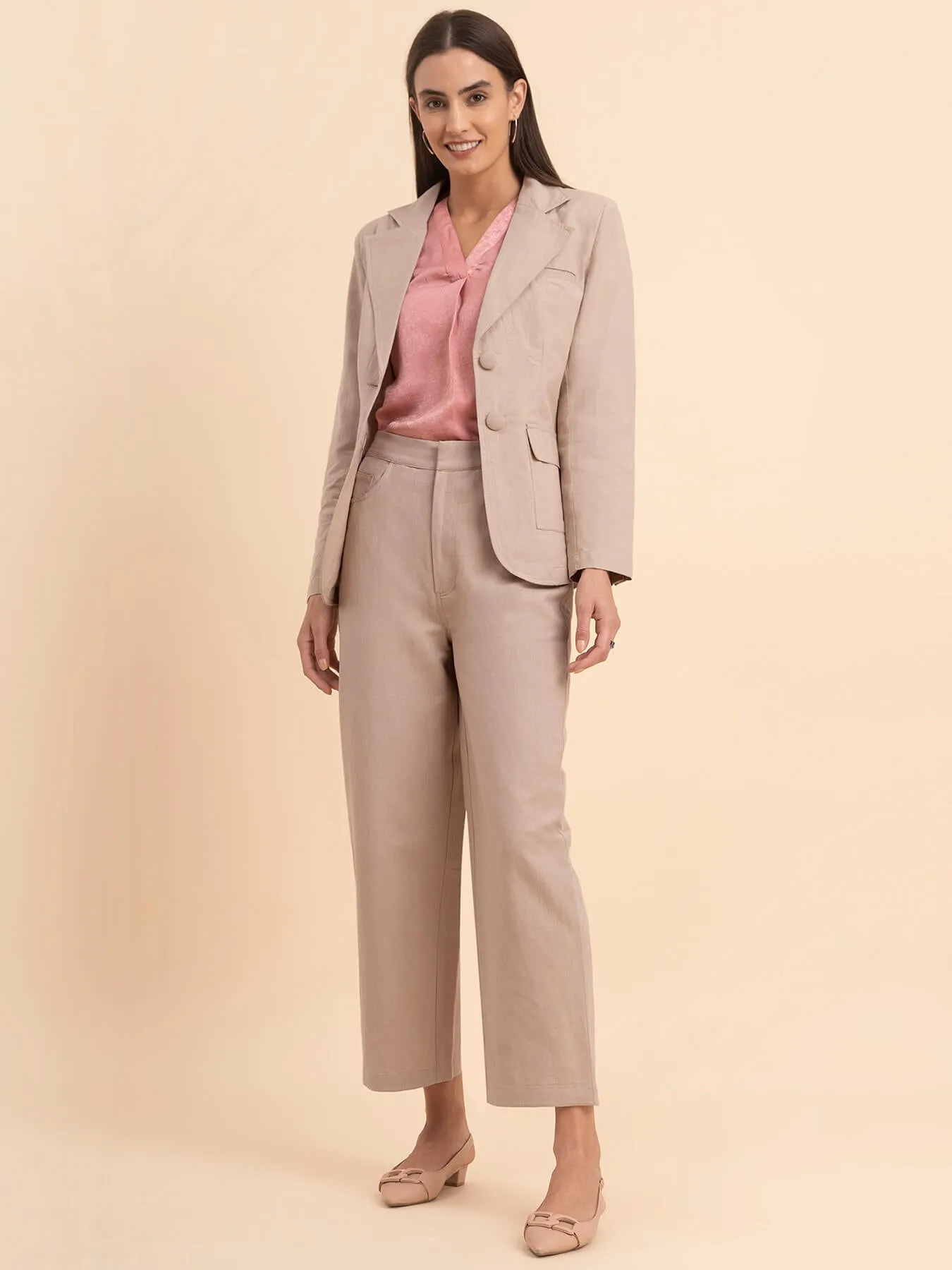Linen Notch Lapel Collar Blazer - Beige