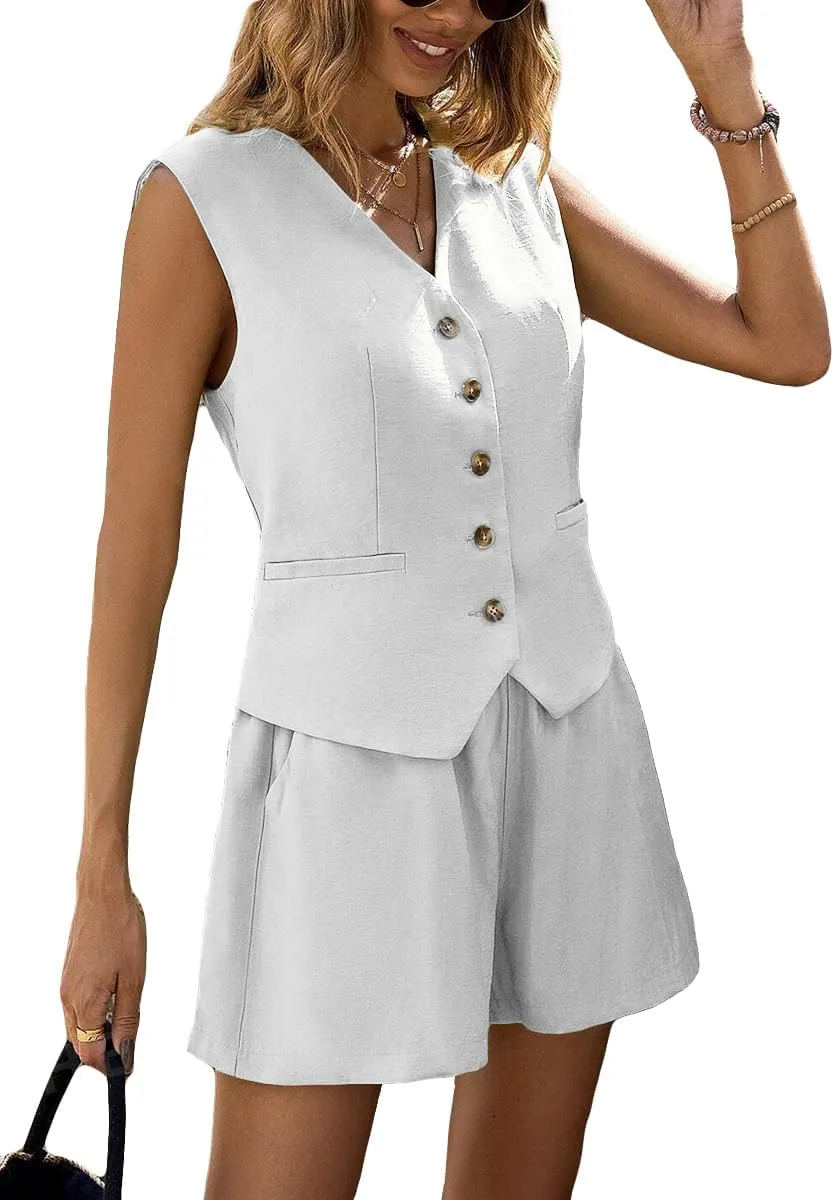 Linen Vest Tops for Women Summer Lihtweight Breathable V-Neck Button Fashion Casual Work Beach Vacation Outerwear