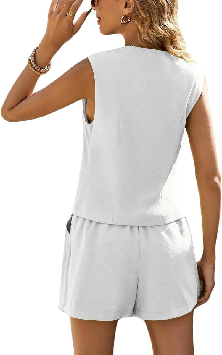 Linen Vest Tops for Women Summer Lihtweight Breathable V-Neck Button Fashion Casual Work Beach Vacation Outerwear