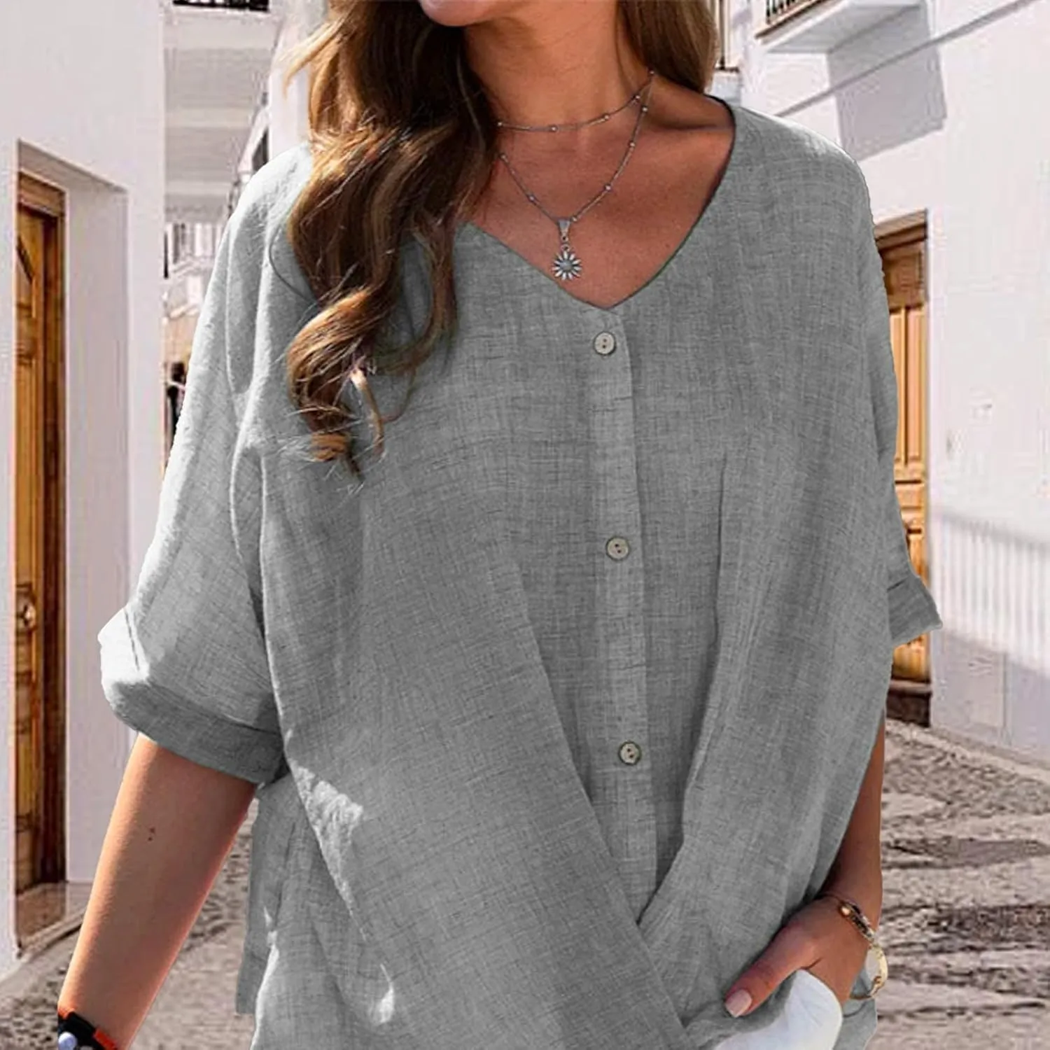 LOAIHA Women's Cotton Linen Half Sleeve Blouse Dressy Casual V Neck Button Down Blouse Loose Solid Color Flowy Linen Tops