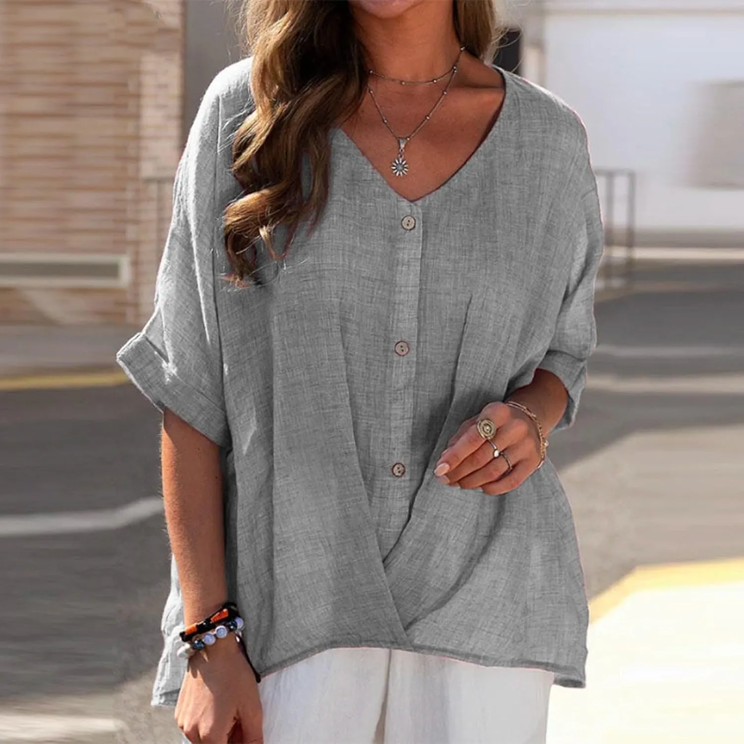 LOAIHA Women's Cotton Linen Half Sleeve Blouse Dressy Casual V Neck Button Down Blouse Loose Solid Color Flowy Linen Tops