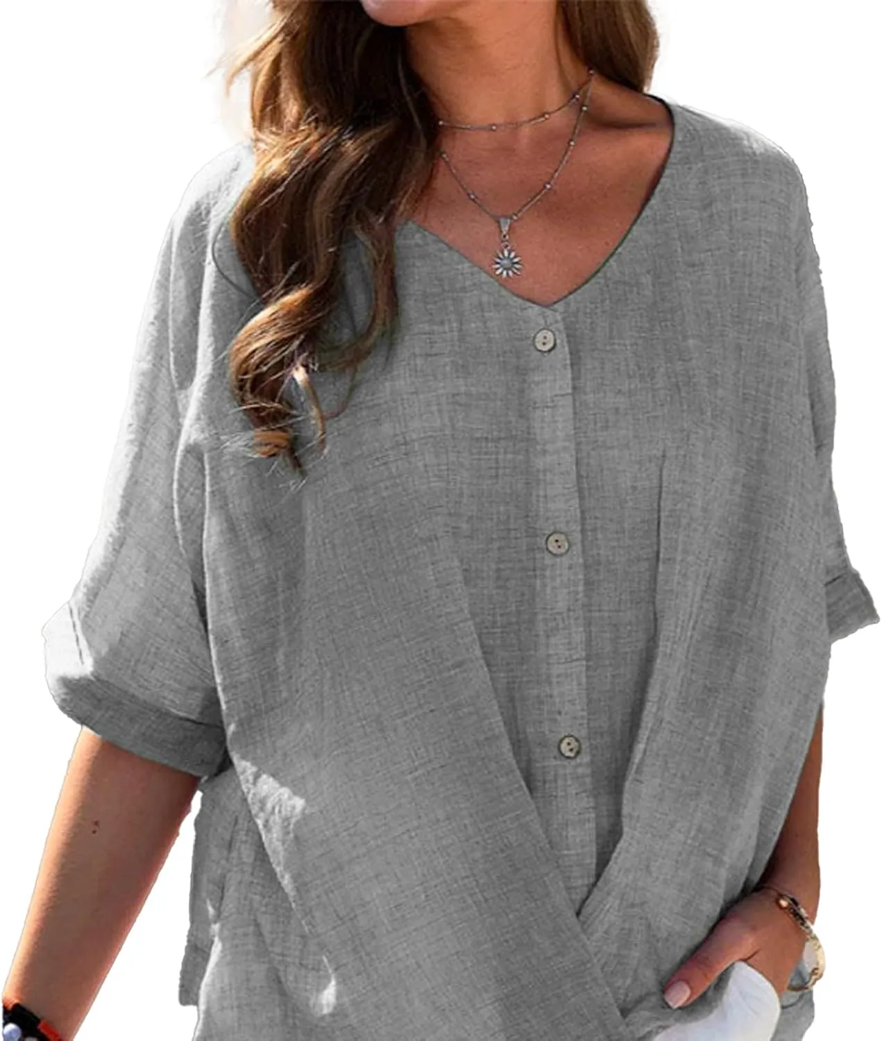 LOAIHA Women's Cotton Linen Half Sleeve Blouse Dressy Casual V Neck Button Down Blouse Loose Solid Color Flowy Linen Tops