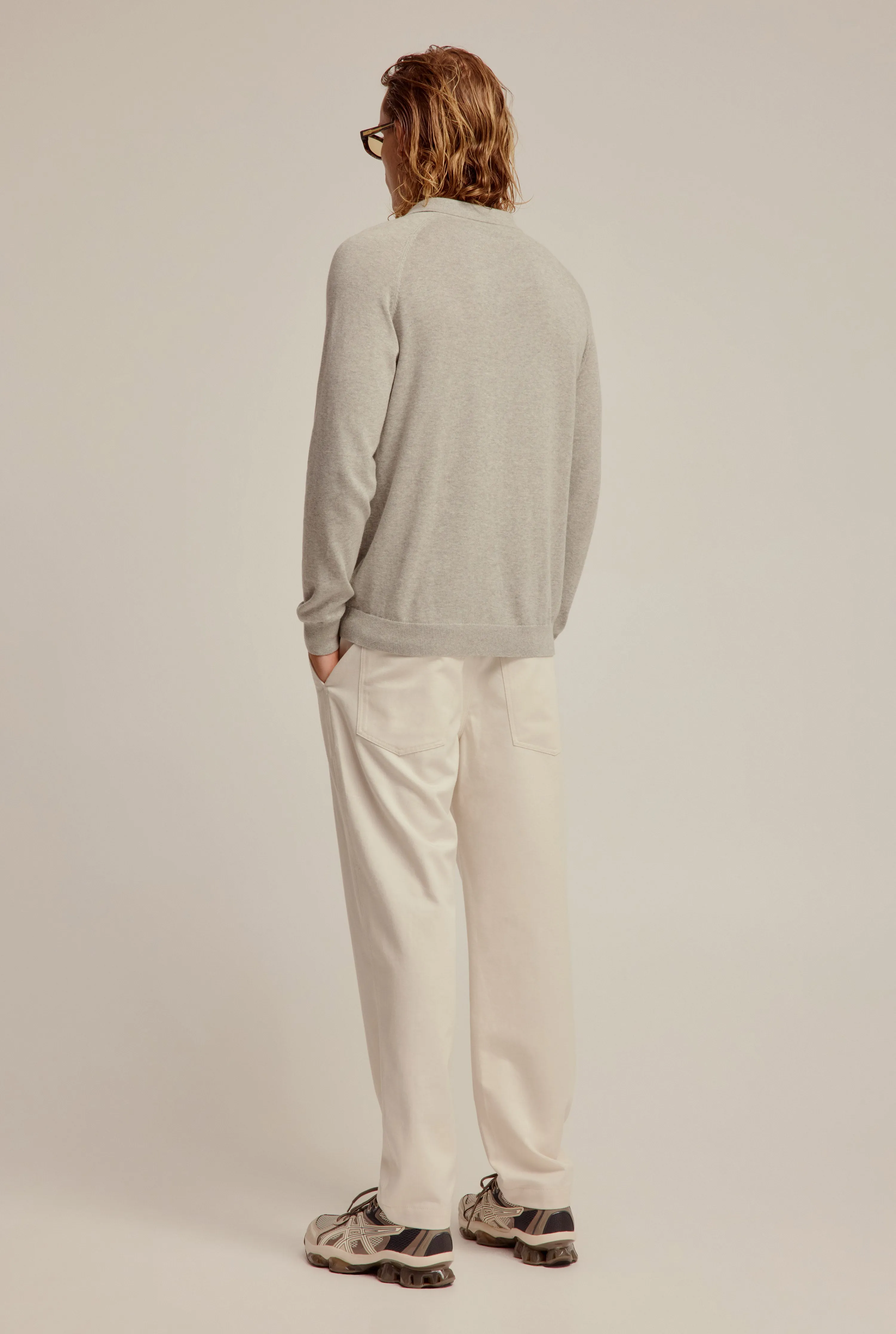 Long Sleeve Cotton Raglan Knit Polo - Grey Marl