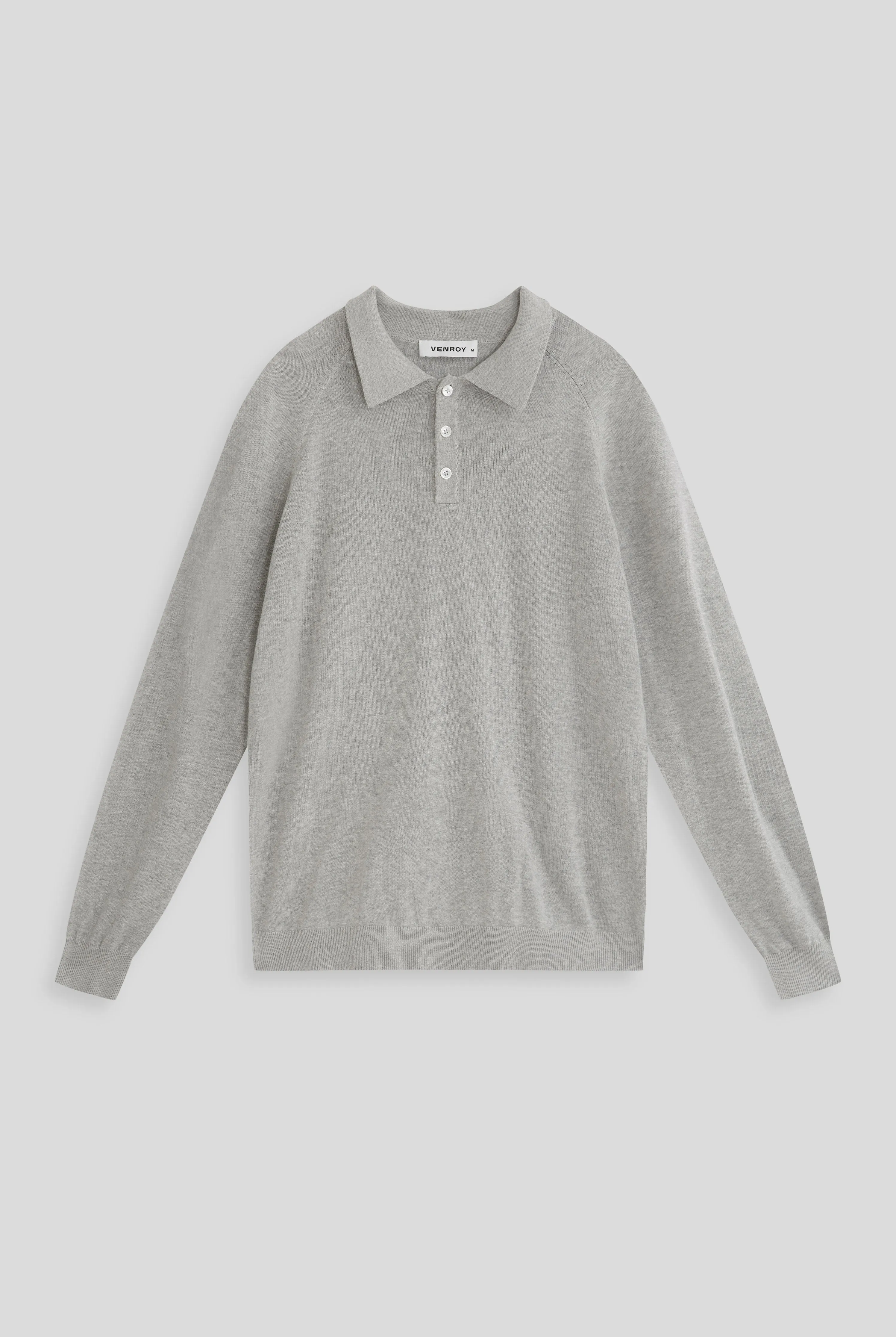 Long Sleeve Cotton Raglan Knit Polo - Grey Marl