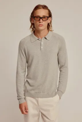 Long Sleeve Cotton Raglan Knit Polo - Grey Marl