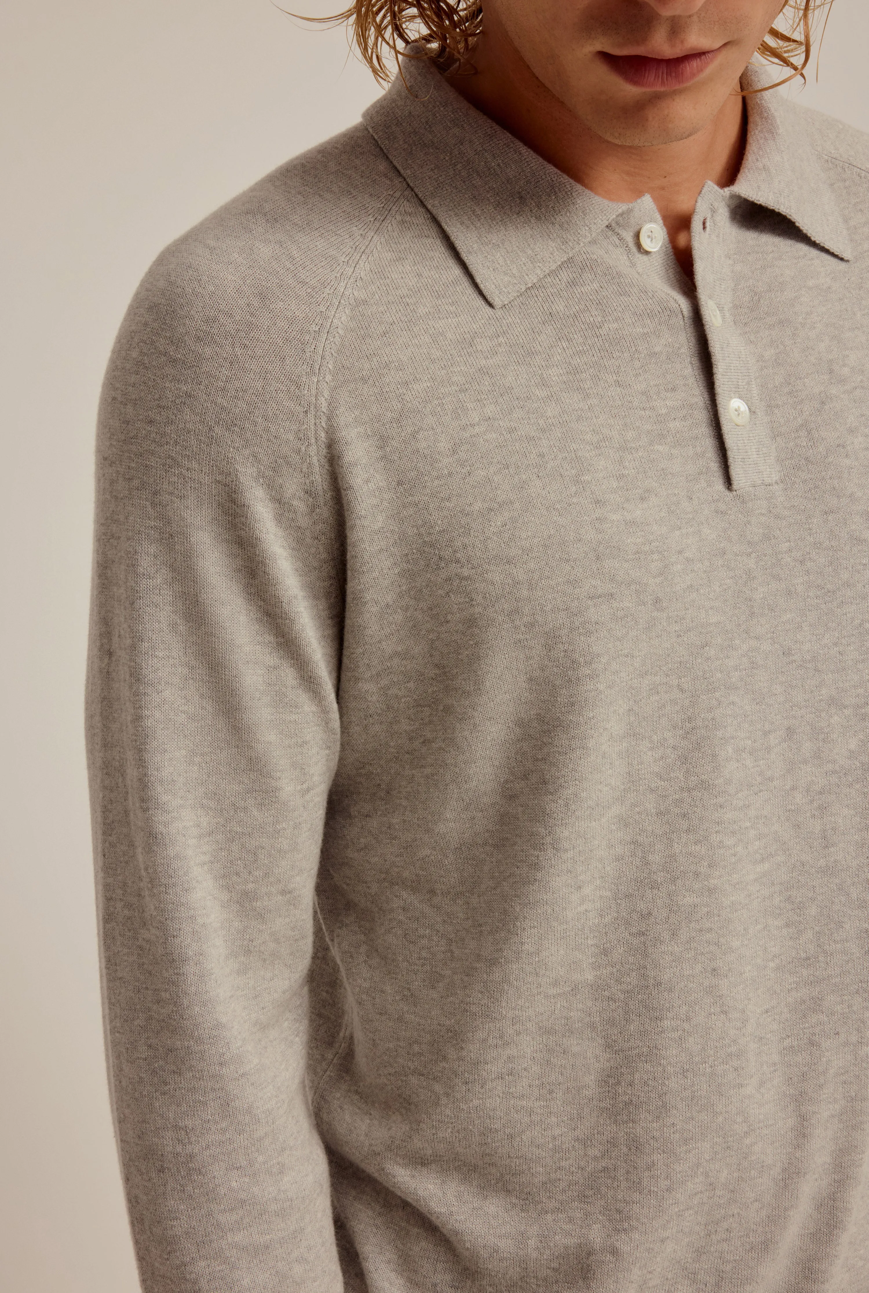 Long Sleeve Cotton Raglan Knit Polo - Grey Marl