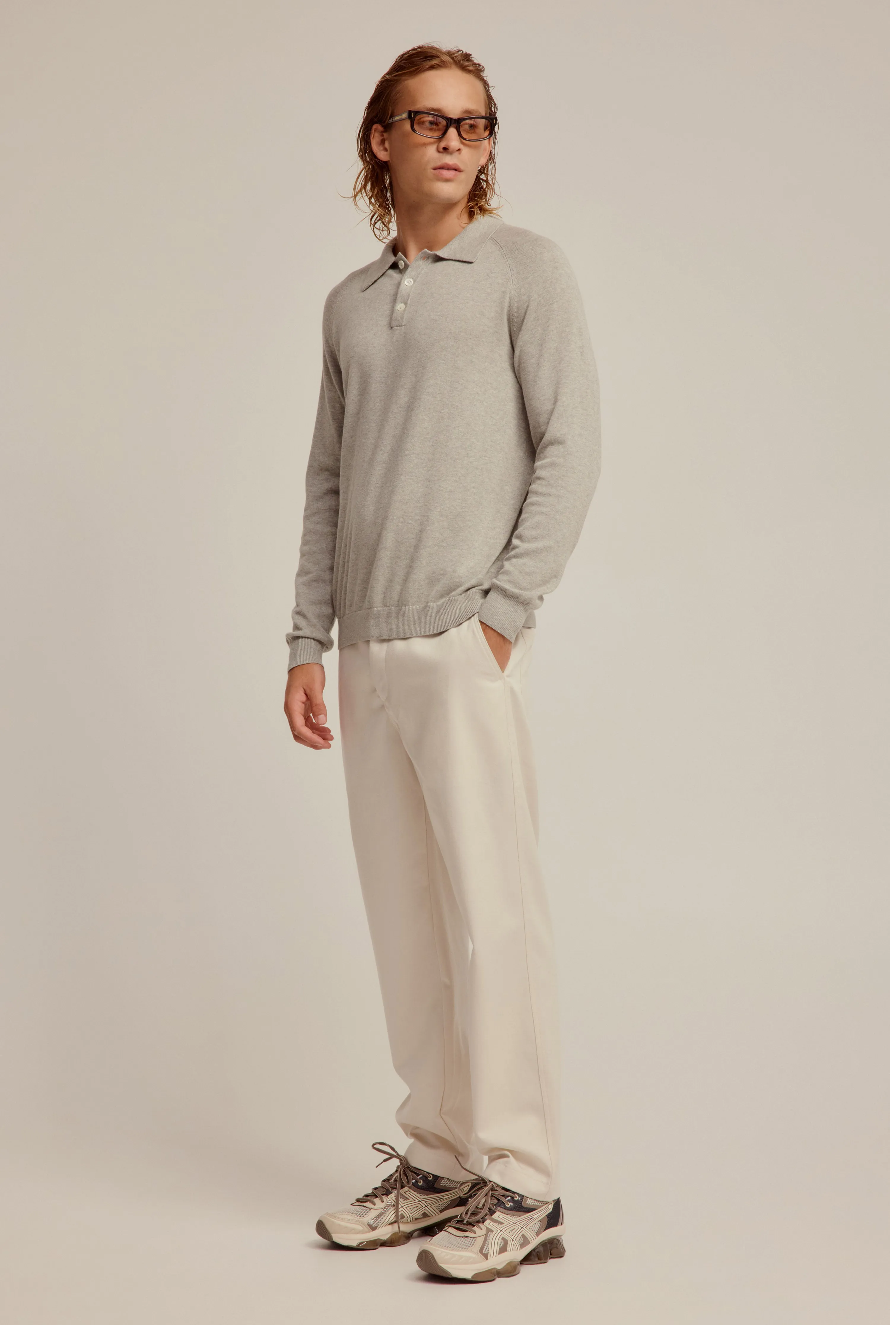 Long Sleeve Cotton Raglan Knit Polo - Grey Marl