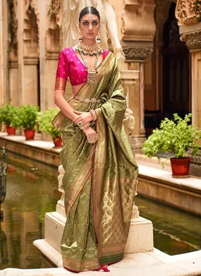 Mehendi Green Banarasi Silk Jacquard Weaving Designer Saree