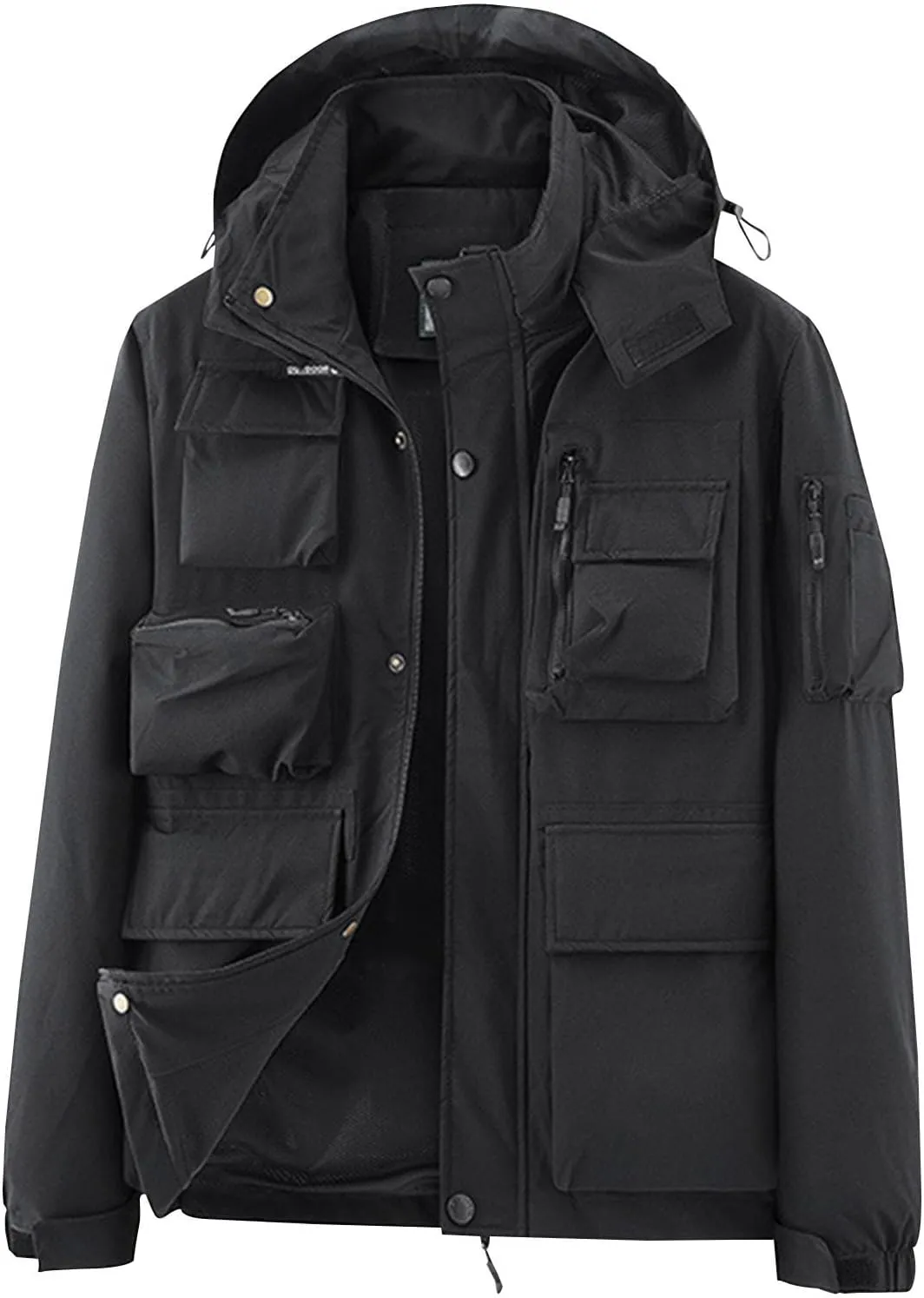 Men's Winter Jacket Lightweight Breathable Coats Warm Cargo Jackets Multi Pockets Stand Collar Jacket with Hooded