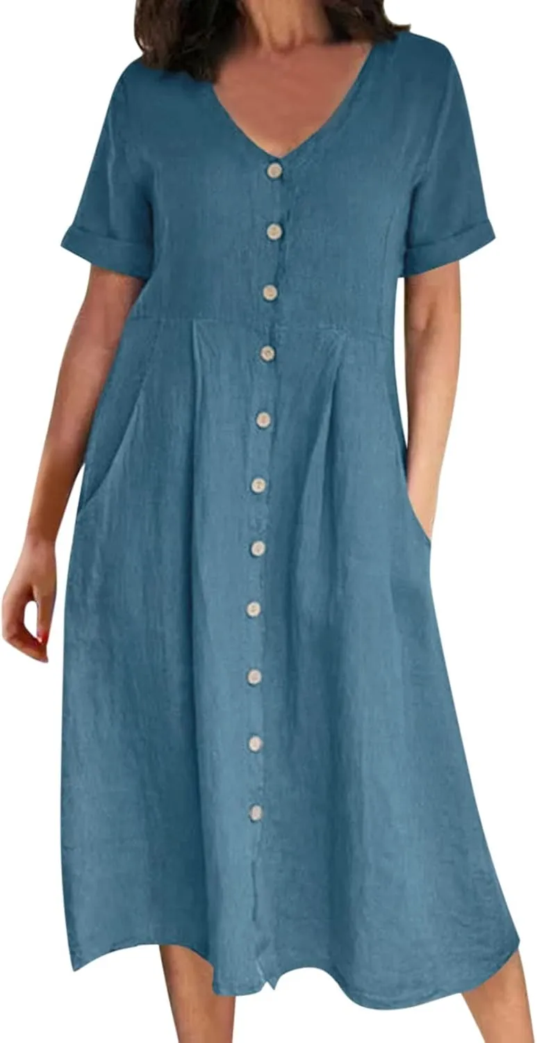 Midi Dresses for Women Casual Solid Button Down Long Dress with Pockets Loose V Neck Short Sleeve Summer Dresses