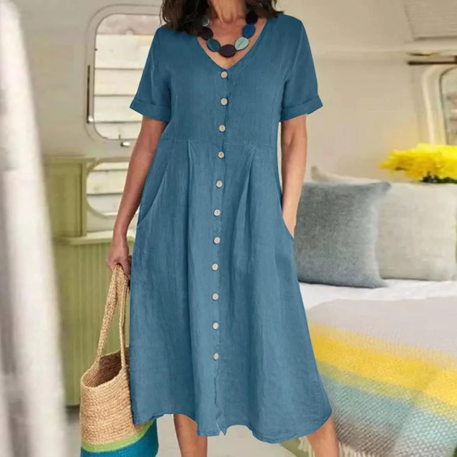 Midi Dresses for Women Casual Solid Button Down Long Dress with Pockets Loose V Neck Short Sleeve Summer Dresses