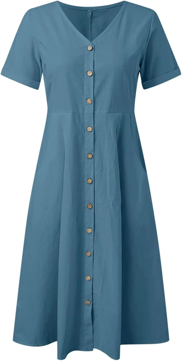 Midi Dresses for Women Casual Solid Button Down Long Dress with Pockets Loose V Neck Short Sleeve Summer Dresses