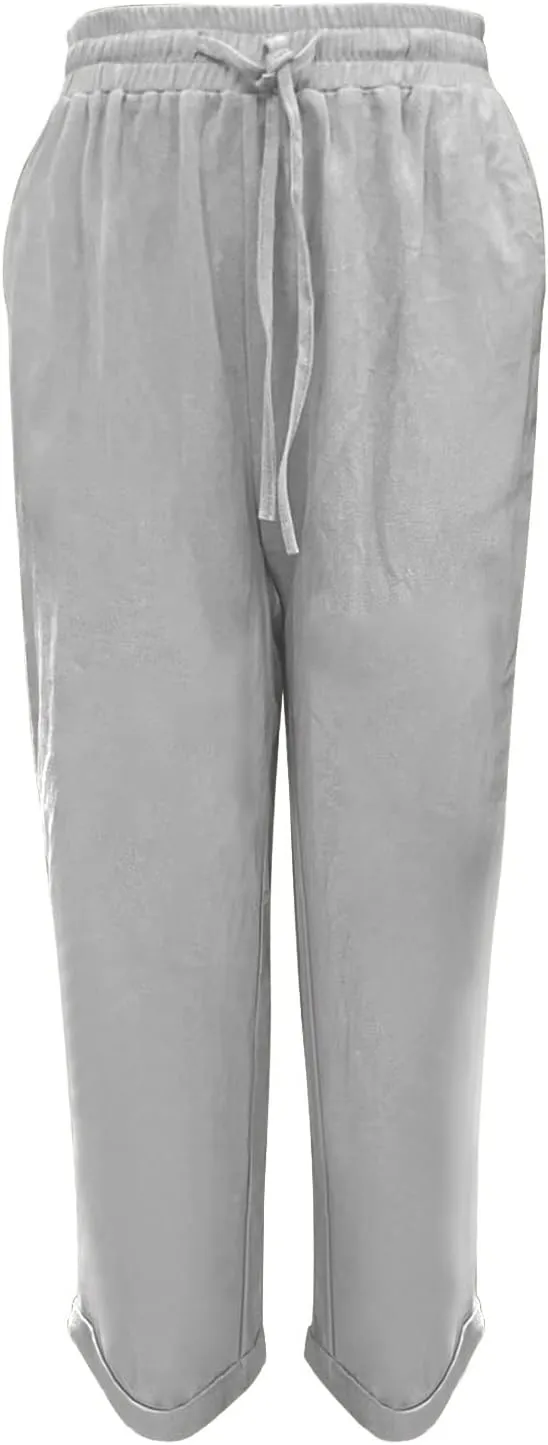 Miyaomn Women's Stylish Linen Straight Leg Pants Drawstring Elastic Waist Casual Joggers Folded Bottom Lounge Trousers Slacks