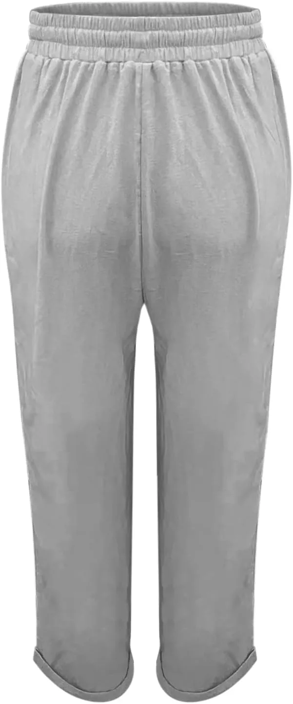 Miyaomn Women's Stylish Linen Straight Leg Pants Drawstring Elastic Waist Casual Joggers Folded Bottom Lounge Trousers Slacks