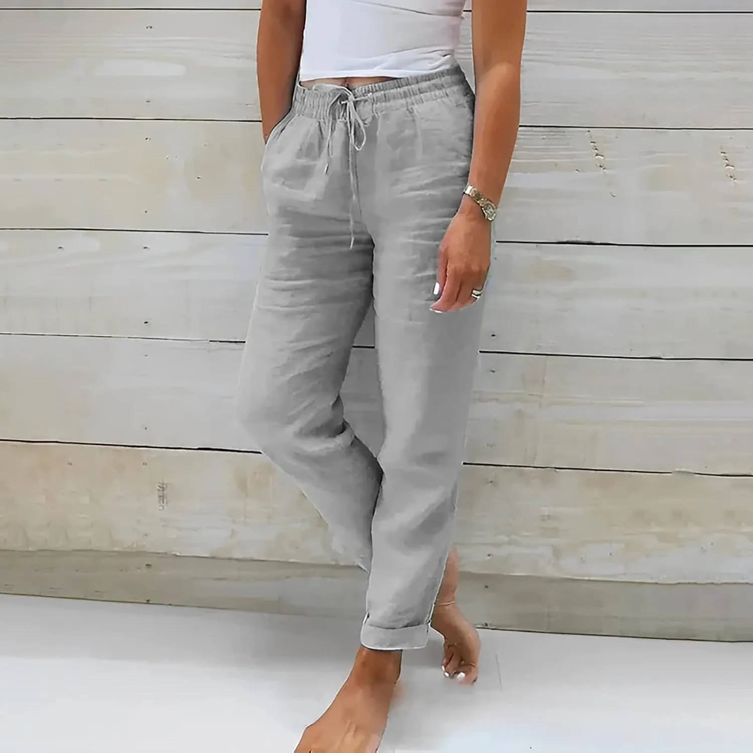 Miyaomn Women's Stylish Linen Straight Leg Pants Drawstring Elastic Waist Casual Joggers Folded Bottom Lounge Trousers Slacks