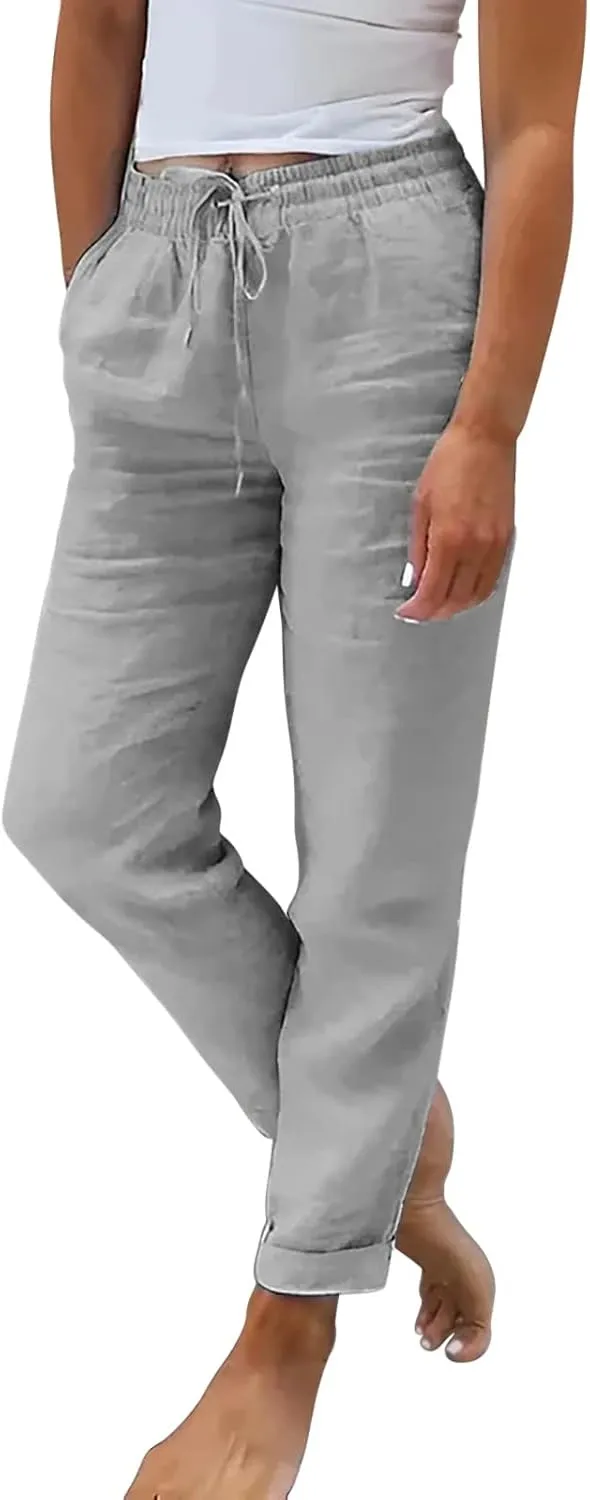 Miyaomn Women's Stylish Linen Straight Leg Pants Drawstring Elastic Waist Casual Joggers Folded Bottom Lounge Trousers Slacks