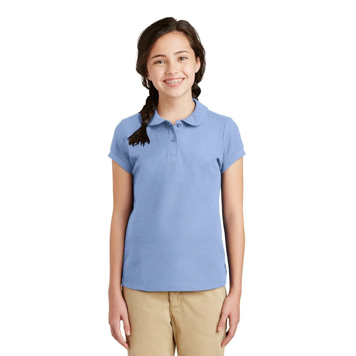 Port Authority Girl's Light Blue Silk Touch Peter Pan Collar Polo