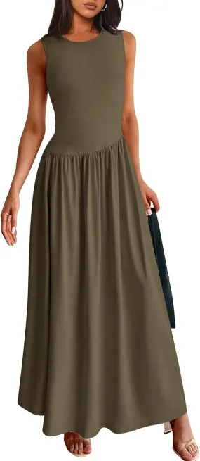 PRETTYGARDEN Women's Maxi Sundress Casual Summer 2025 Sleeveless Asymmetrical Drop Waist Patchwork Long Flowy Tank Dresses