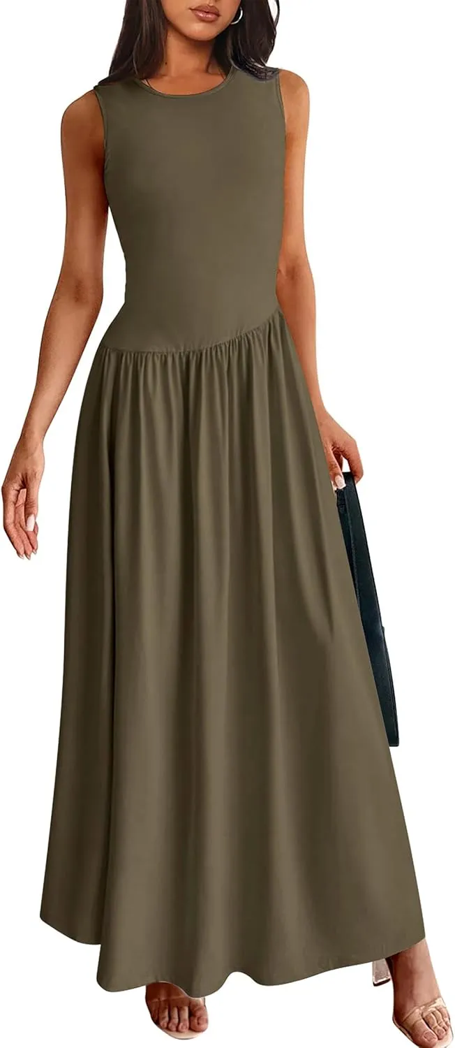 PRETTYGARDEN Women's Maxi Sundress Casual Summer 2025 Sleeveless Asymmetrical Drop Waist Patchwork Long Flowy Tank Dresses