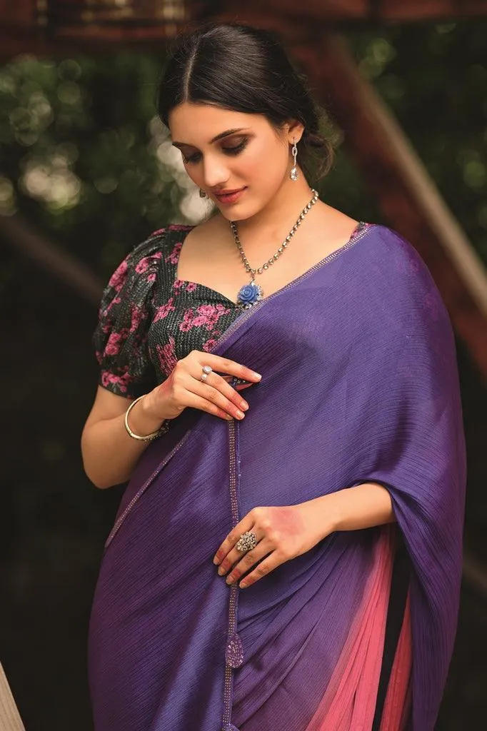 Purple Shaded Velvet Chiffon Saree with Sequined Blouse AN03