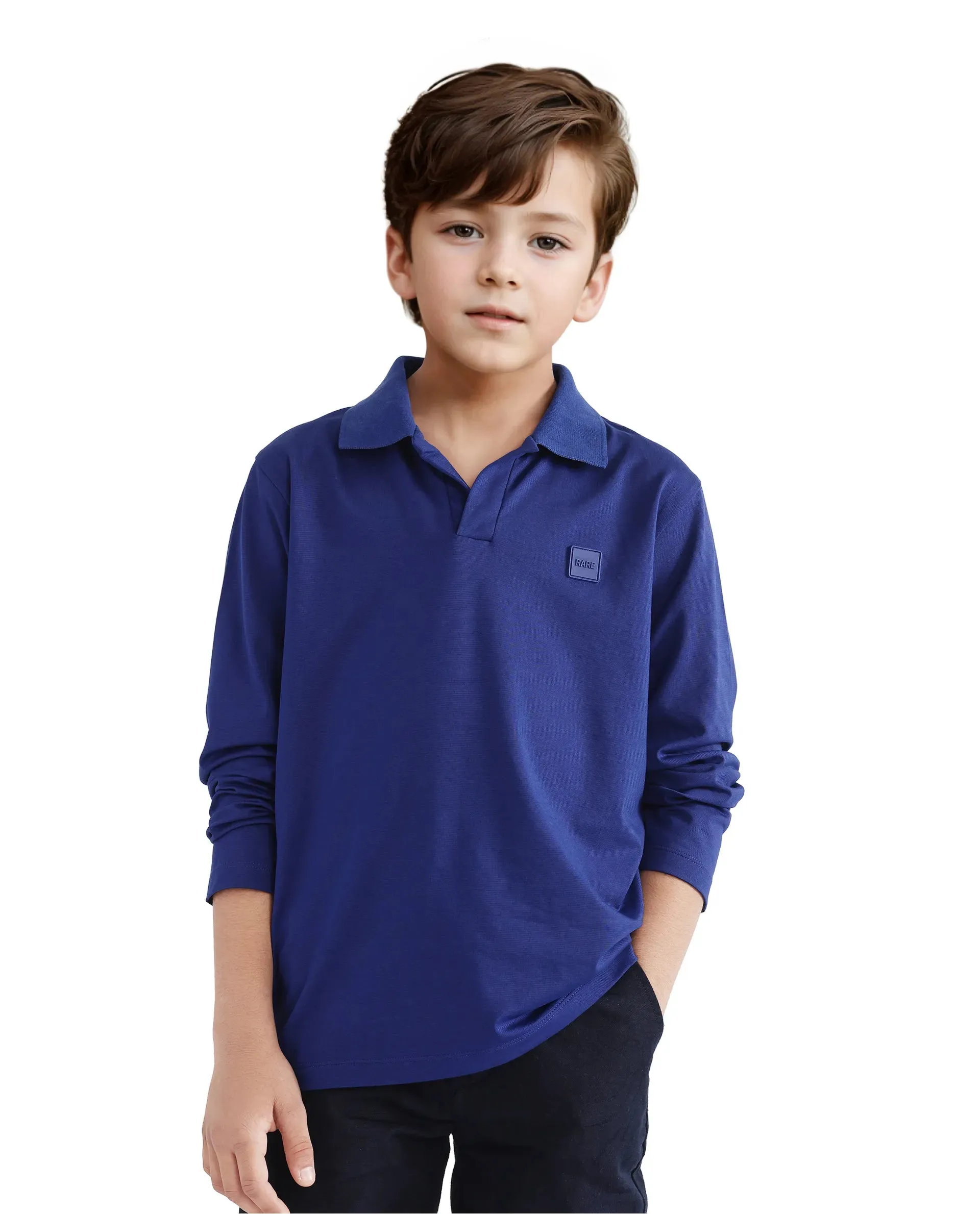 Rare Ones Kids Flit Blue Cotton Poly Full Sleeve Polo Neck Solid Polo
