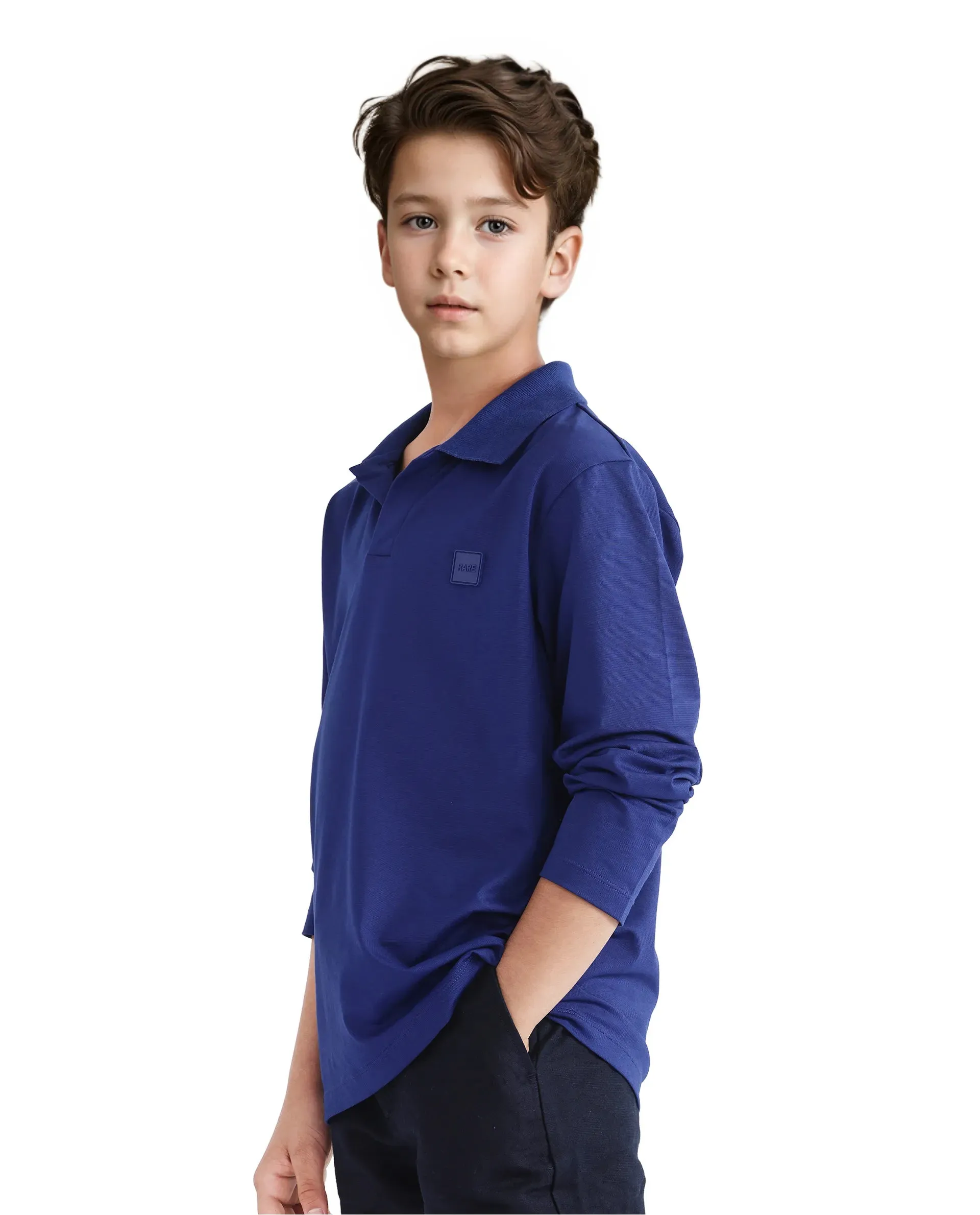 Rare Ones Kids Flit Blue Cotton Poly Full Sleeve Polo Neck Solid Polo