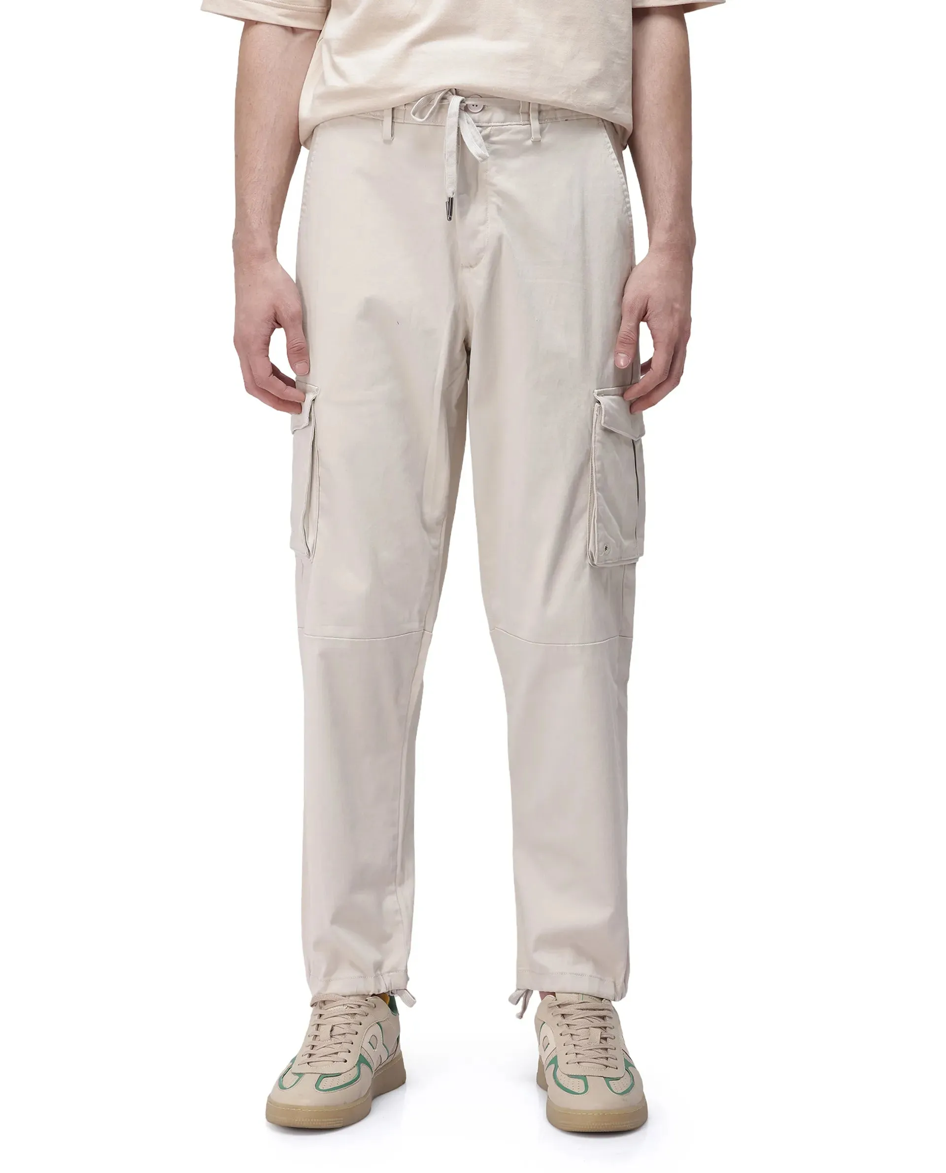 Rare Rabbit Men's Maks Off White Drawstring Closure Mid-Rise Relaxed Fit Solid Trouser
