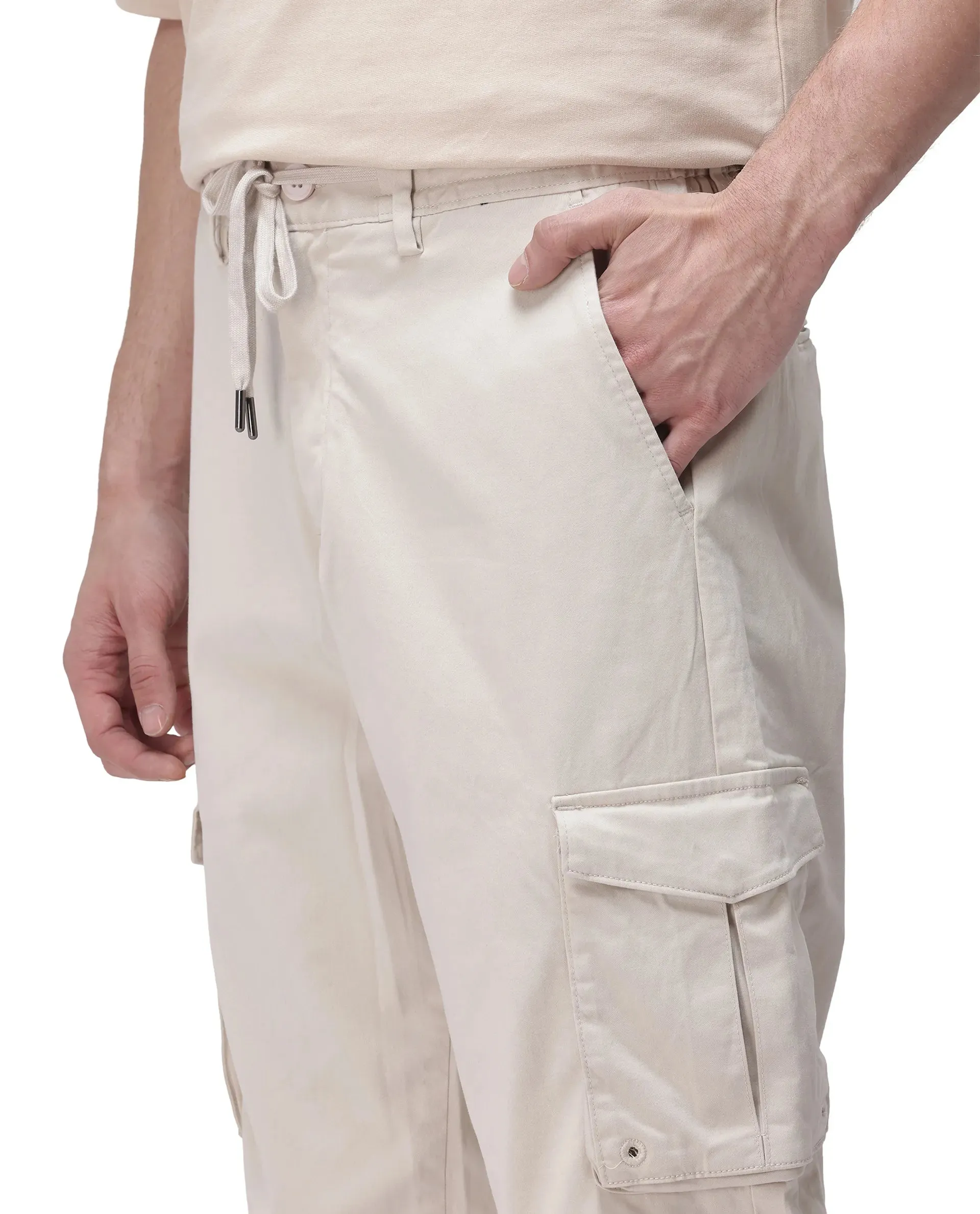 Rare Rabbit Men's Maks Off White Drawstring Closure Mid-Rise Relaxed Fit Solid Trouser