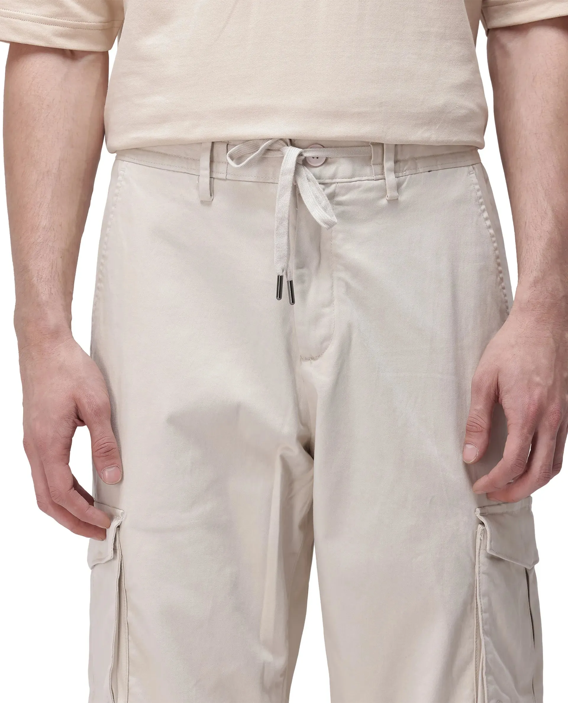 Rare Rabbit Men's Maks Off White Drawstring Closure Mid-Rise Relaxed Fit Solid Trouser