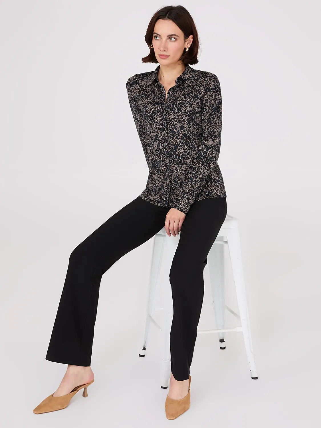 Rose Print Button-Front Classic Blouse