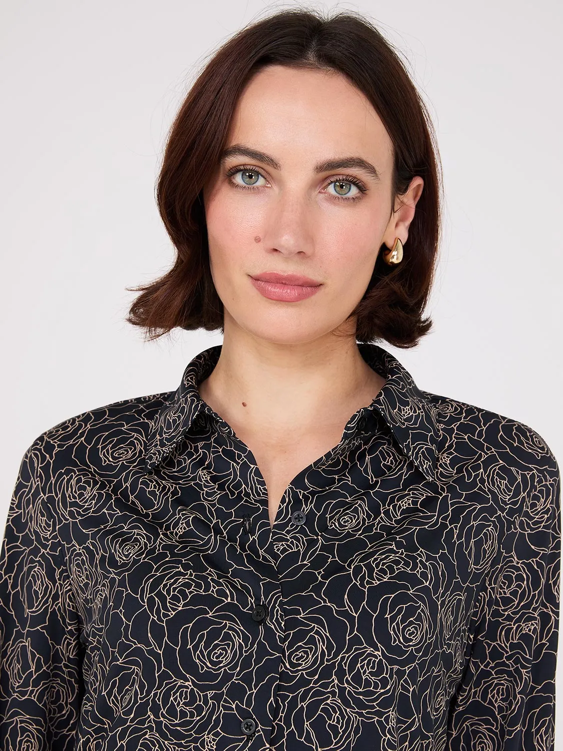 Rose Print Button-Front Classic Blouse
