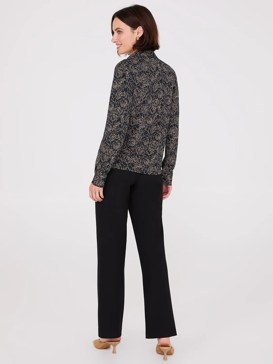 Rose Print Button-Front Classic Blouse