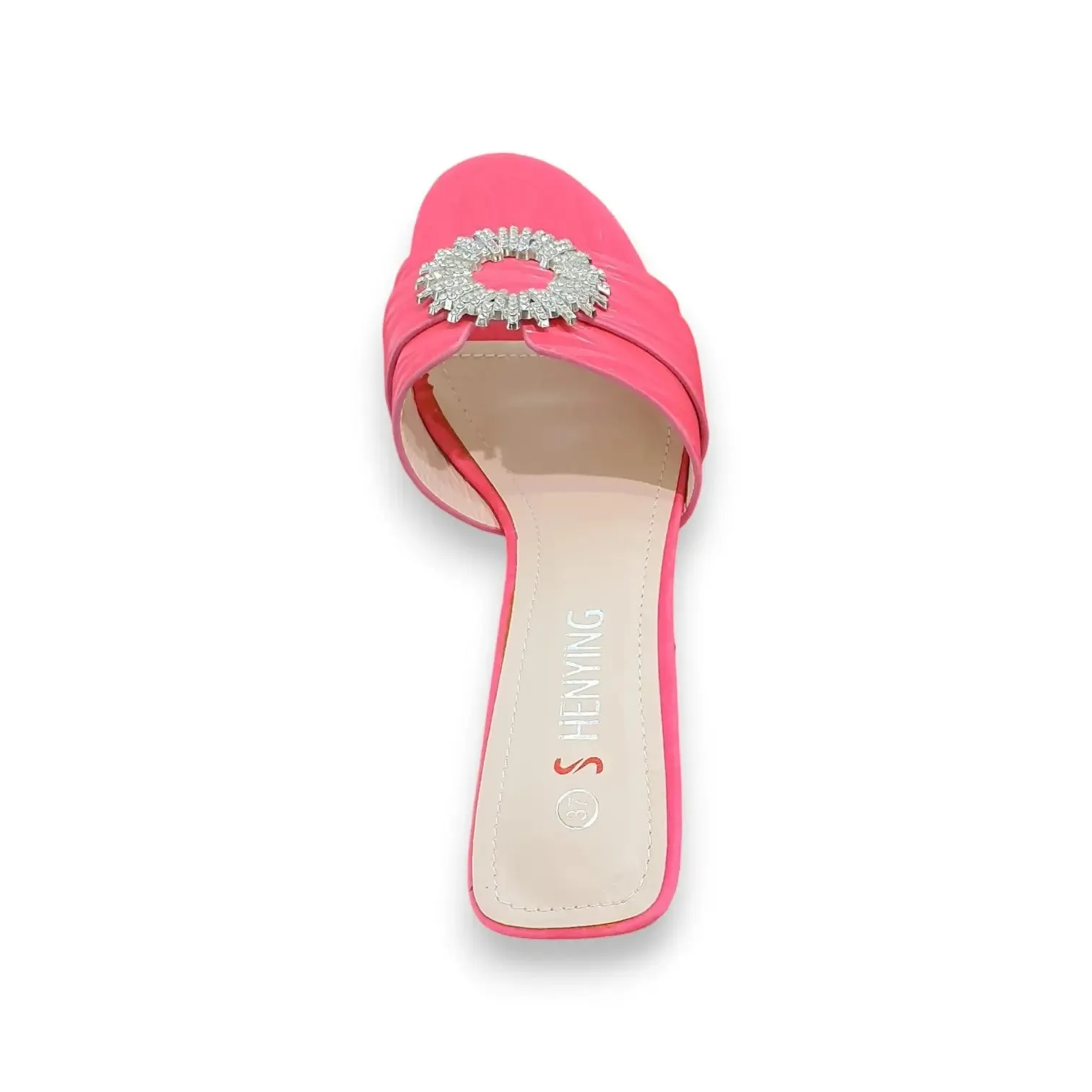 Shenying Womens Block Heel Mules with Round Rhinestone Buckle
