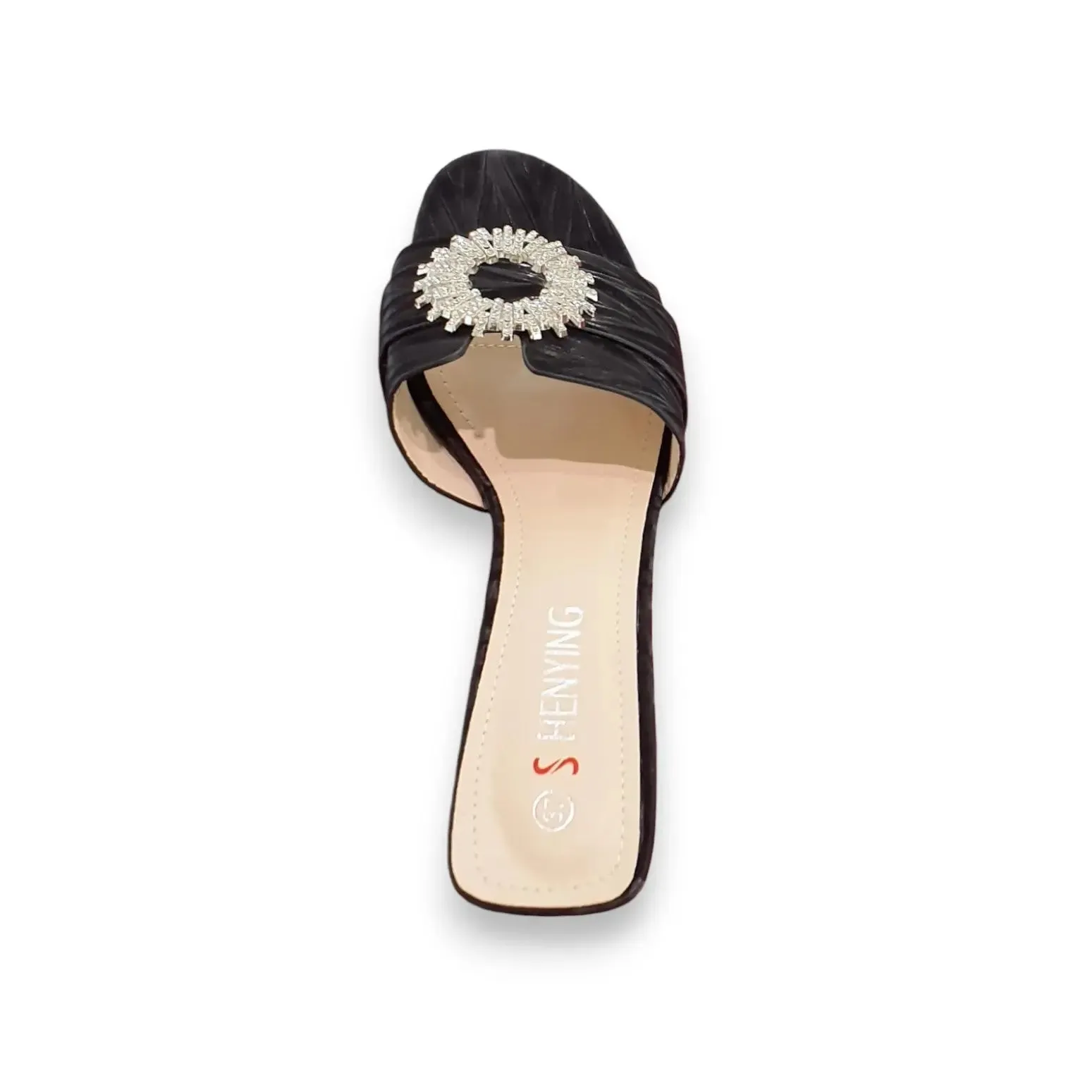 Shenying Womens Block Heel Mules with Round Rhinestone Buckle