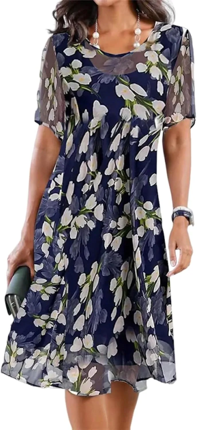 Short Sleeve Floral Print Midi Dress Loose Fit Shift Round Neck Blue Summer Dress for Women