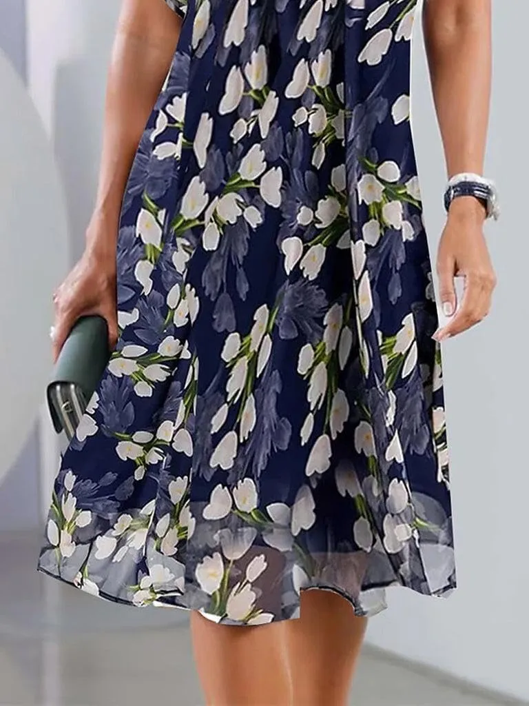 Short Sleeve Floral Print Midi Dress Loose Fit Shift Round Neck Blue Summer Dress for Women