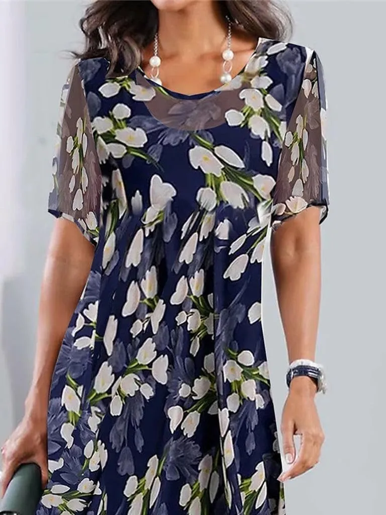 Short Sleeve Floral Print Midi Dress Loose Fit Shift Round Neck Blue Summer Dress for Women