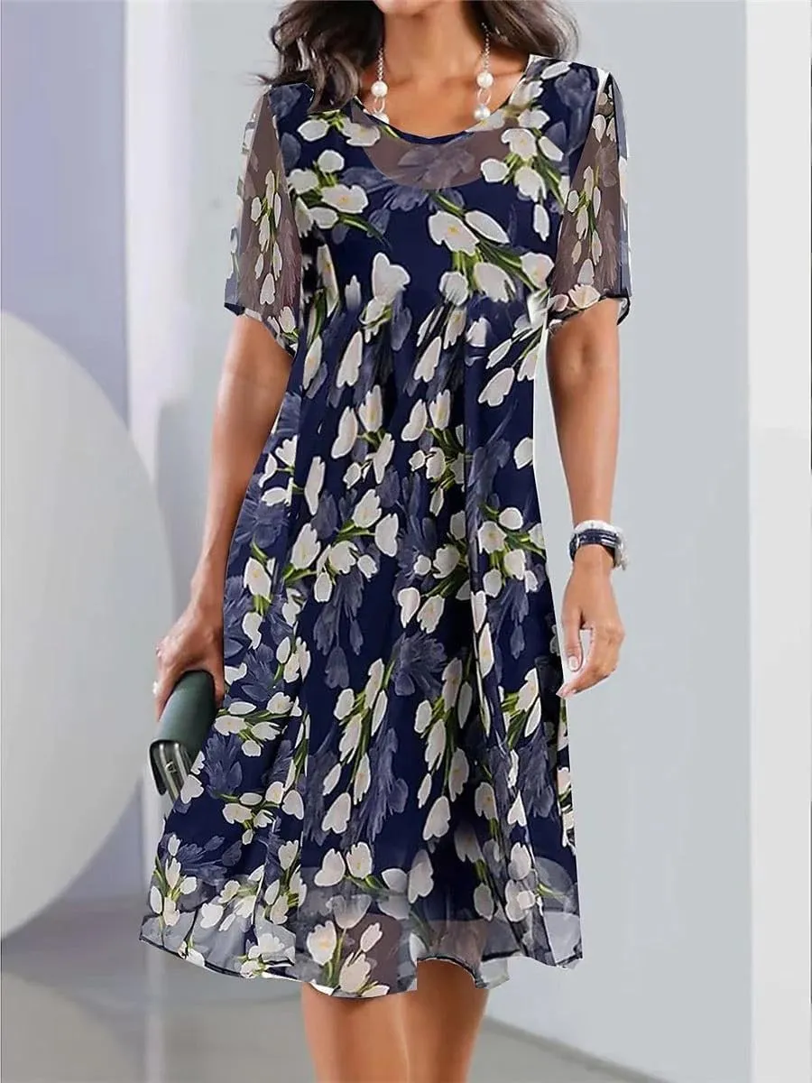 Short Sleeve Floral Print Midi Dress Loose Fit Shift Round Neck Blue Summer Dress for Women