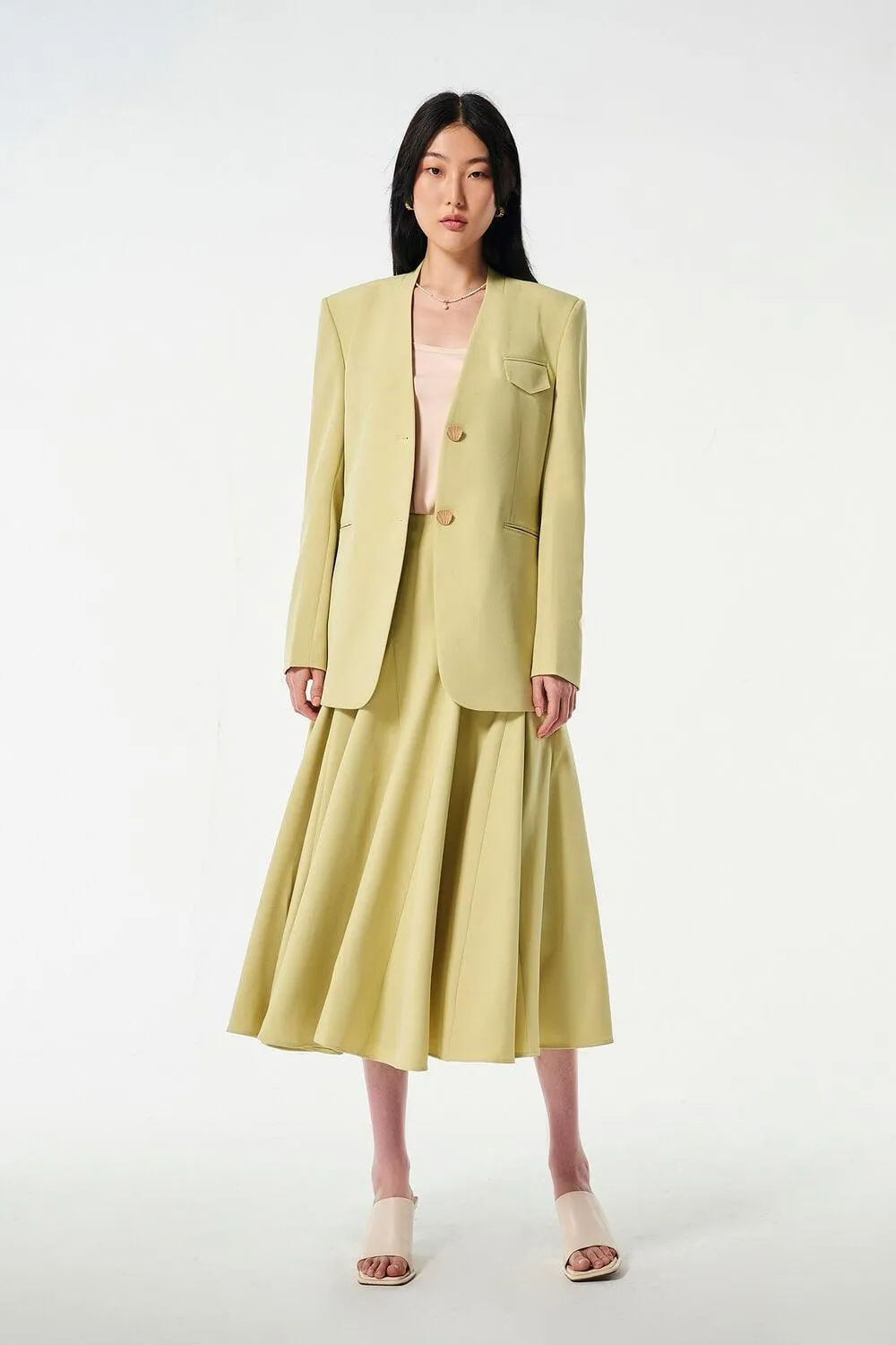 Strawy Straight Collarless Wool Cotton Blazer