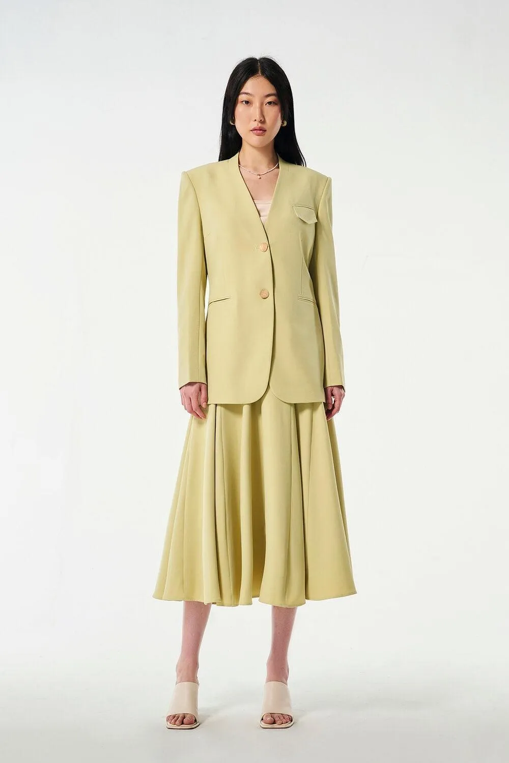 Strawy Straight Collarless Wool Cotton Blazer