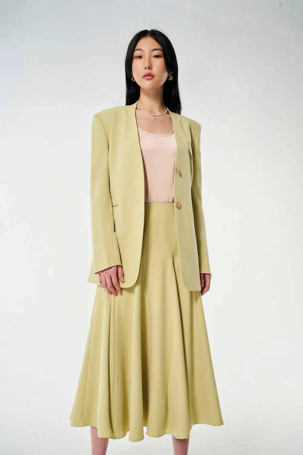 Strawy Straight Collarless Wool Cotton Blazer